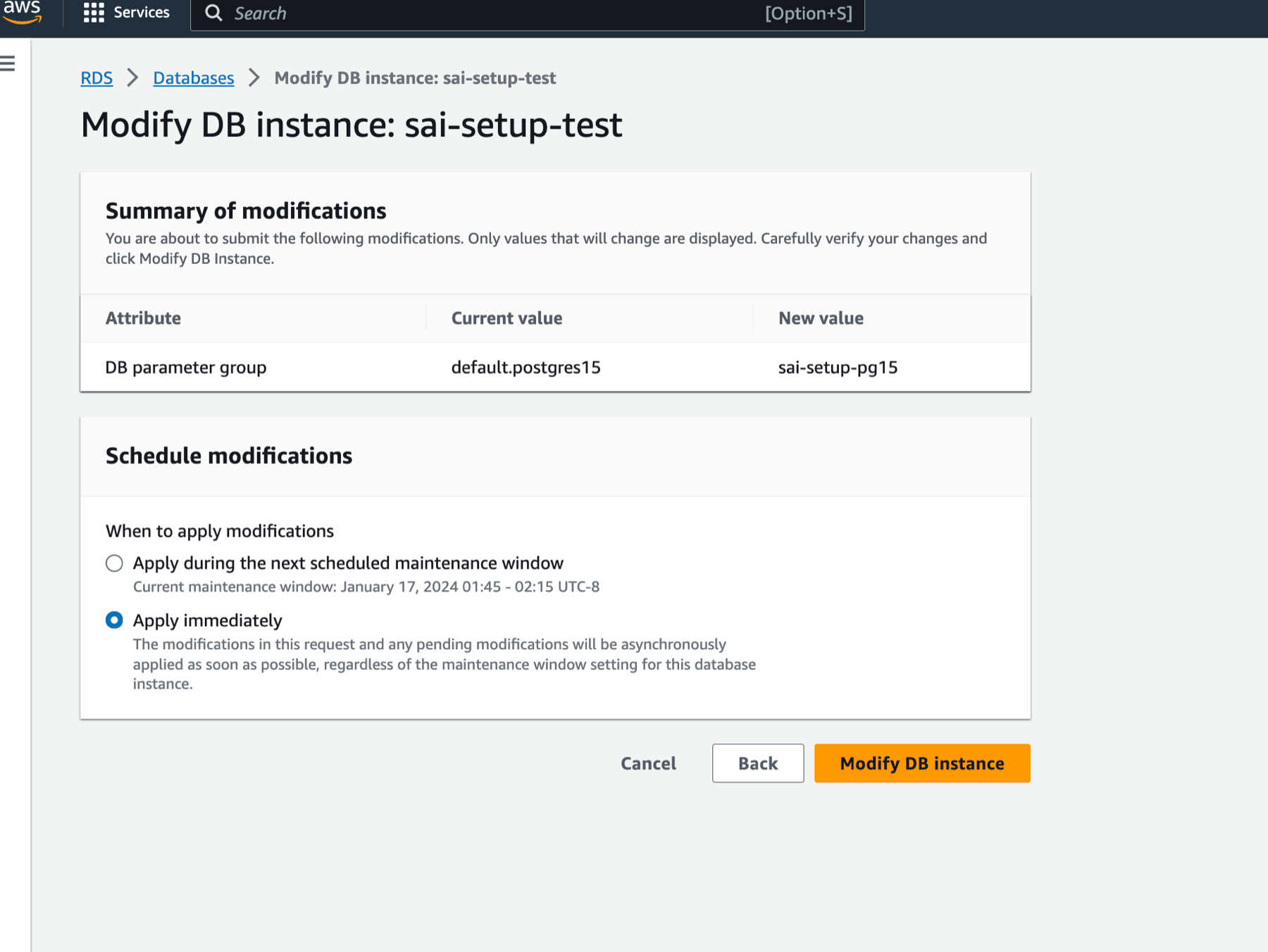 Modifying Aurora PostgreSQL with new parameter group - Zoomed